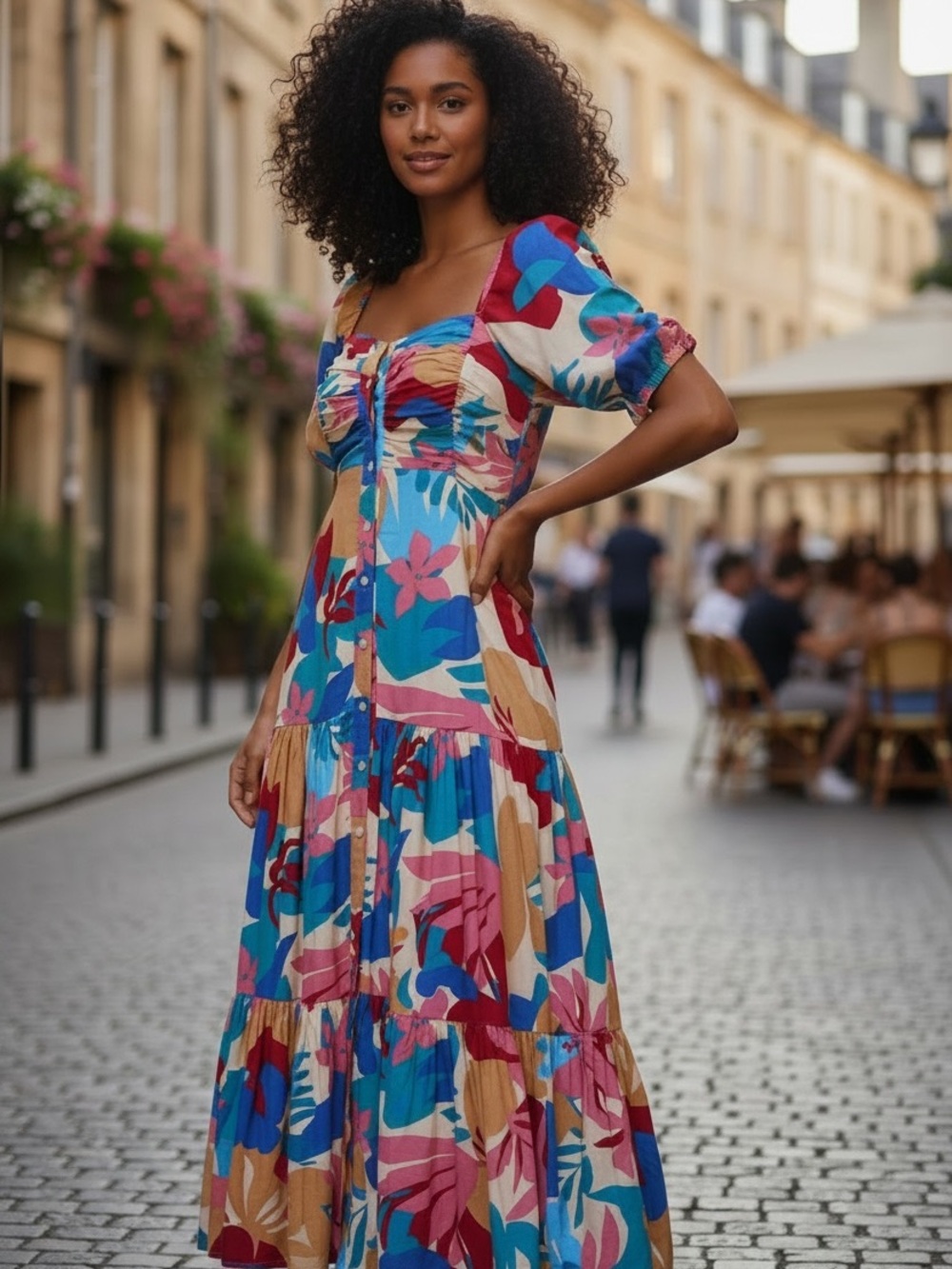 Balielfmadebyhand blue Pink Multi-Color Floral Puff-Sleeve Maxi Dress